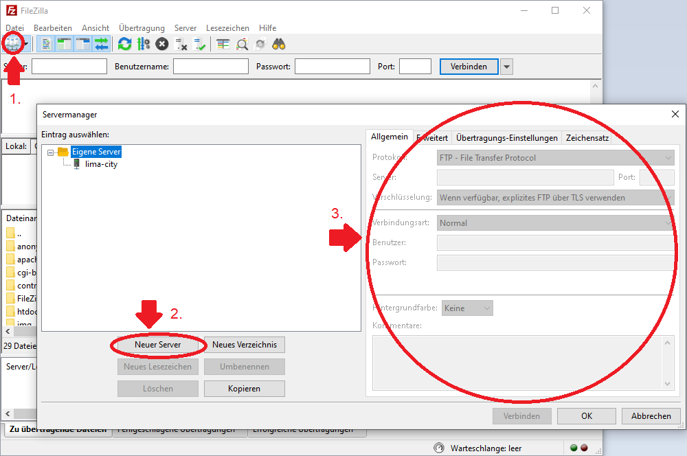 Filezilla Programmoberfläche